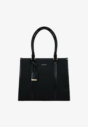Bolso tote negro hecho de material sintético texturizado, con dos asas resistentes, acentos dorados y una etiqueta desmontable.