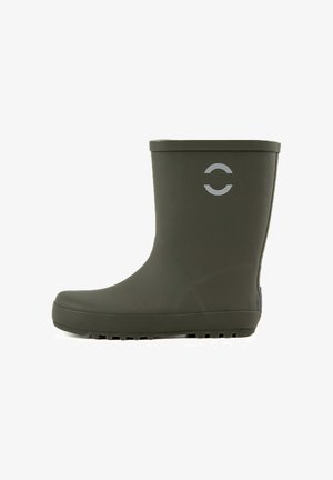 Rubber rain boot in dark green with a smooth texture, rounded toe, and ridged sole featuring a circular logo on the outer side.