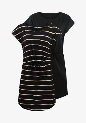 Twee casual jurken: de ene is zwart van effen kleur, de andere is zwart met horizontale strepen en oranje accenten, beide met een ronde halslijn en een trekkoord in de taille.