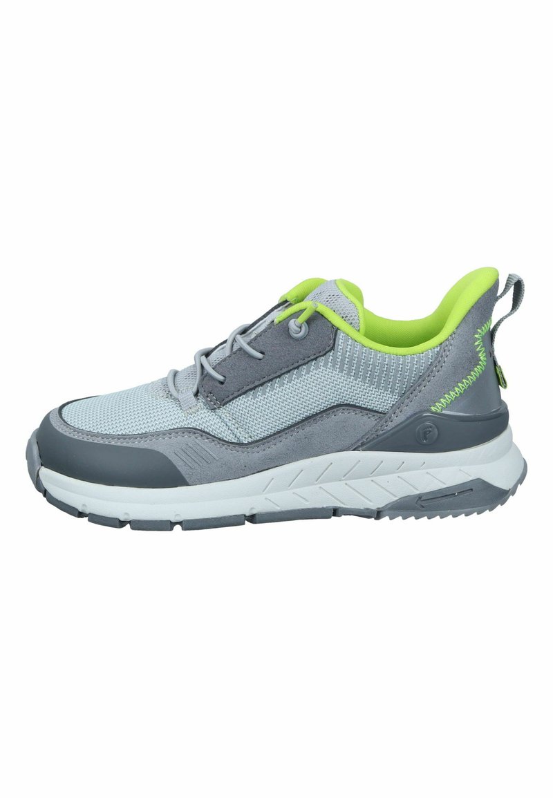 Szare buty sportowe z materiałów siateczkowych i zamszowych, z limonkowymi akcentami, teksturowaną podeszwą oraz sportowym designem, z sznurówkami i pętelką.