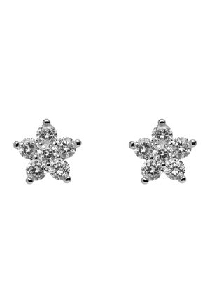 Paire de boucles d'oreilles clous en forme d'étoile argentée, chacune ornée de six pierres précieuses rondes et claires disposées symétriquement.