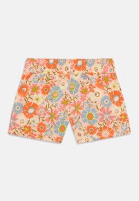 Calções florais com um fundo pastel. Apresentam flores em rosa, laranja, azul e verde. Cintura elástica e tecido entrelaçado.