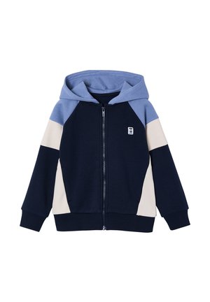 Children's zip-up hoodie with navy blue, light blue hood, and beige color-block sleeves, featuring a small logo on the chest.