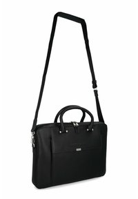 Czarna skórzana teczka na dokumenty z podwójnymi uchwytami i regulowanym paskiem na ramię, z zamkiem błyskawicznym i przednią kieszenią, gładką fakturą oraz srebrnymi akcentami.