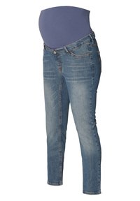 Těhotenské džíny v světle modrém denimu s pružným modrým panelem v pase, s přiléhavým střihem, stylem s pěti kapsami a mírným prošisováním.