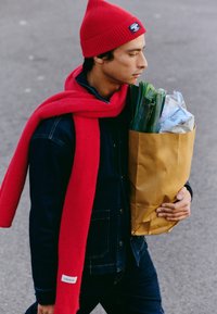 Une personne portant un bonnet rouge et une écharpe transporte un sac en papier brun rempli de légumes verts et de produits emballés. La veste est en denim foncé.