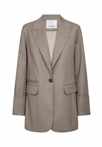 Béžové šité sako s výstrihom na klopách, jedným gombíkom na zapínanie, dvoma prednými vreckami a štruktúrovanými ramenami. Hladká tkanina s jemnou textúrou.