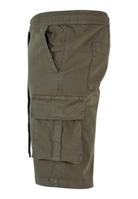 Olive green cargo shorts made of cotton with an elastic waistband, side pockets, and a large patched pocket on the thigh.