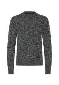 Grijze gemarmerde crewneck trui met lange mouwen, een getextureerd breipatroon en een klein logo-embleem aan de onderzijde aan de linkerkant.