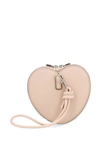 Pink leather heart-shaped pouch with a zip closure, a soft texture, and a detachable strap. Features silver-tone hardware and stitched accents.