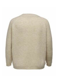Cremfarbener gestrickter Pullover mit rundem Halsausschnitt, überschnittenen Schultern und strukturierter Oberfläche, ausgestattet mit geradem Saum und langen Ärmeln.