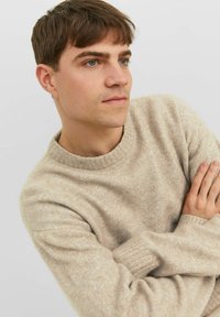 Pull en tricot beige clair avec un col rond et des poignets côtel�és. Texture douce, motif légèrement marbré et coupe ajustée.
