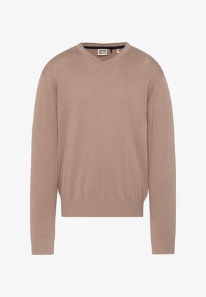 Pull léger marron clair à col en V et manches longues, avec poignets et ourlet côtelés, présenté à plat avec l'étiquette de la marque visible à l'intérieur du col.