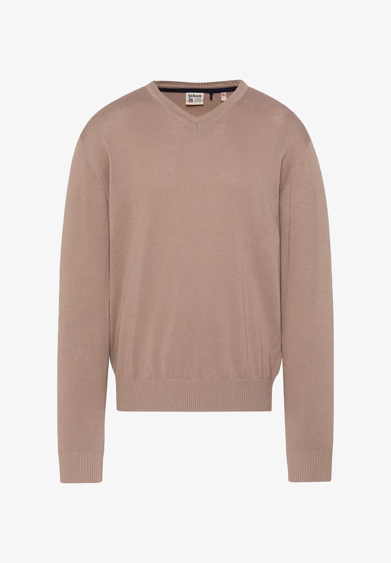 Pull léger marron clair à col en V et manches longues, avec poignets et ourlet côtelés, présenté à plat avec l'étiquette de la marque visible à l'intérieur du col.