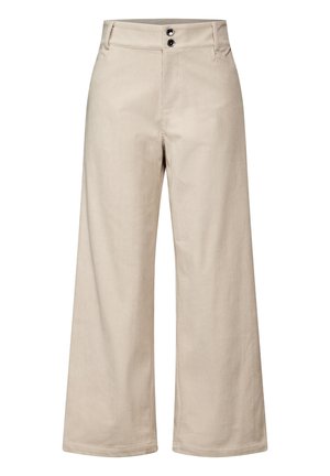 Beige corduroy brede benbukser med høj talje, der har to sorte knapper foran og en ribbet tekstur hele vejen igennem.