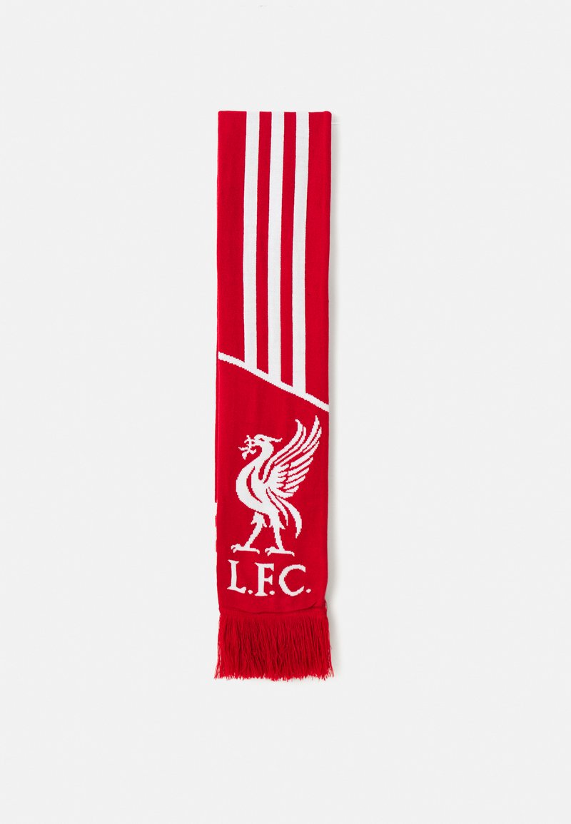 Rød og hvit sjal med Liverpool FC-emblem som viser en Liver-fugl og tre vertikale striper, avsluttet med røde frynser.
