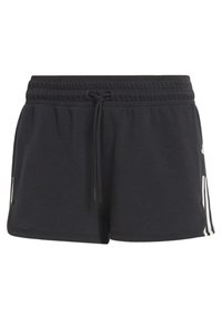 Schwarze Sportshorts aus einem weichen Stoff. Mit einem Kordelzugbund, seitlichen Akzenten und drei weißen vertikalen Streifen an den Seiten.