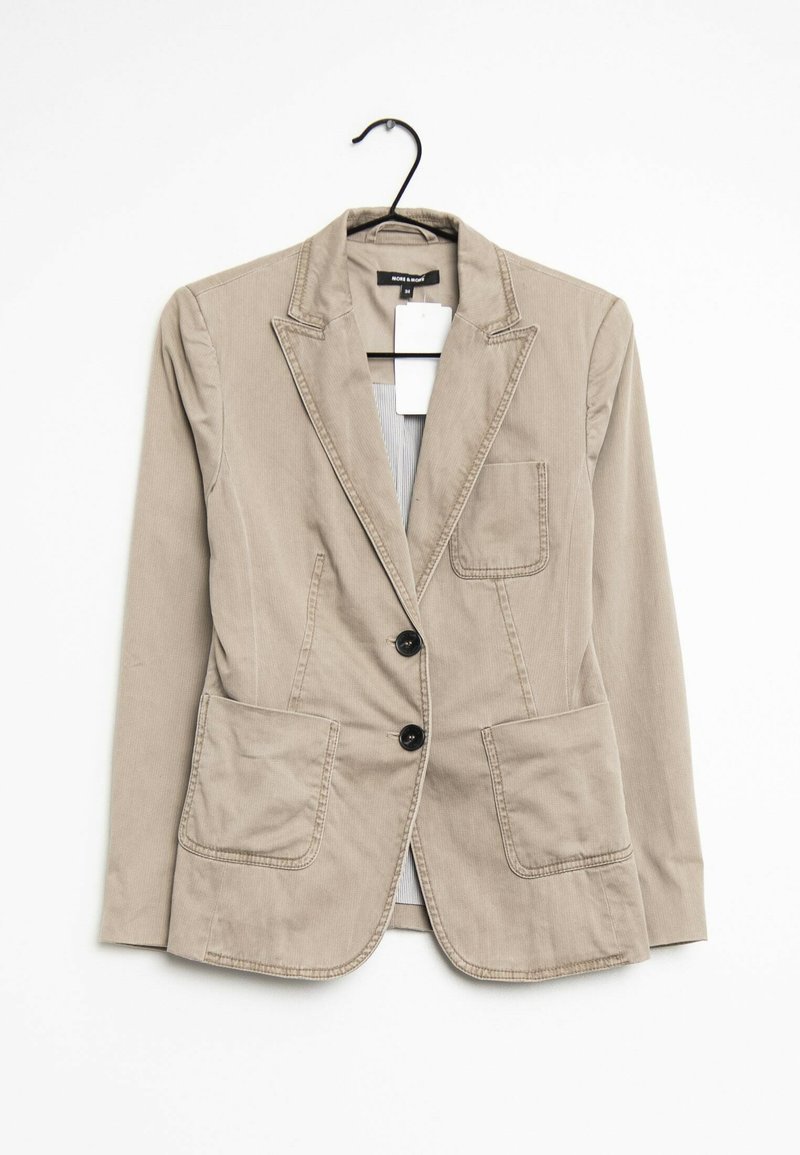 Beige Baumwollblazer mit zwei Vorderaschen, zwei schwarzen Knöpfen und einem Reverskragen, versehen mit minimalistischem Stickdetail.