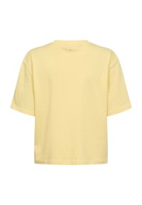 T-shirt à manches courtes de couleur jaune clair, vue de dos, avec un petit détail rond en haut au centre, près du col.