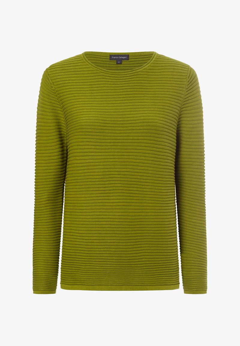 Olivgrüner Pullover mit langen Ärmeln, horizontal gestreifter Textur, Rundhalsausschnitt und geradem Saum, aus einem weichen, strukturierten Stoff gefertigt.