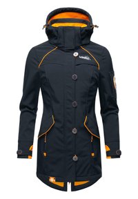 Navy blue coat with orange accents, button closure, high collar, and two front pockets. Features logo on chest and sleeve. Smooth texture.