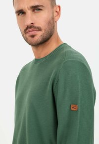 Green knit sweater featuring a textured pattern, rounded neckline, and a leather logo patch on the left sleeve.