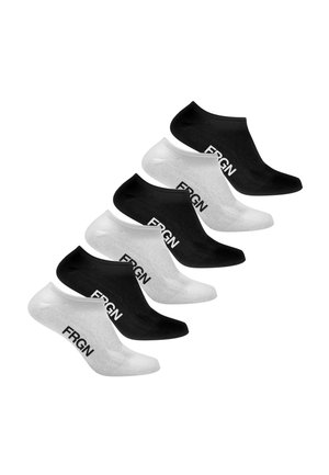 Sept chaussettes no-show noir et blanc alternant les couleurs, chacune avec le texte "FRGN" sur le côté.