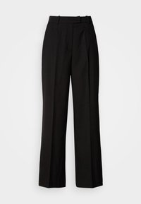 Melnas platās bikses ar augstu jostu, kurām ir diskrēta plankumaina raksts, priekšpusē ar kroku un gludu auduma tekstūru.