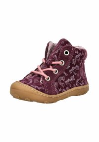 Botines de terciopelo morado con cordones rosas, con estampados caprichosos de animales y arcoíris. Suela de goma color tostado con agarre texturizado.