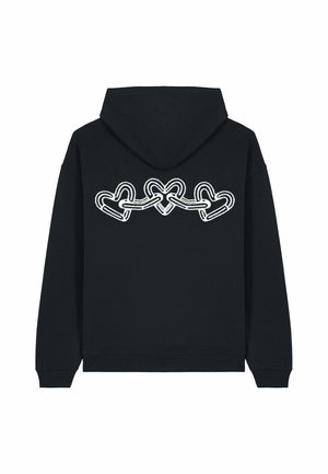 Felpa nera con cappuccio regolabile e polsini a coste. Presenta una grafica a catena di cuori bianchi sul retro. Realizzata in morbido cotone.