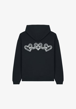 Felpa nera con cappuccio regolabile e polsini a coste. Presenta una grafica a catena di cuori bianchi sul retro. Realizzata in morbido cotone.