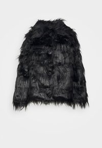 Svart fuskpälsjacka med en kort design, med en knäppning och textil med lång, hårliknande struktur.