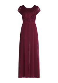 Bordeauxfarbenes Kleid mit kurzen Spitzenärmeln, tailliertem Oberteil und fließendem Chiffonrock, der Falten und seitliche Schlitze für zusätzliche Bewegungsfreiheit aufweist.