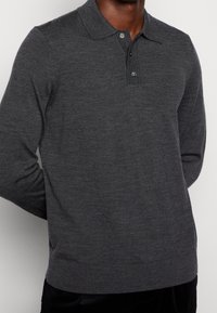 Dunkelgraues langärmeliges Poloshirt aus weichem Stoff, mit Kragen, zweiknöpfiger Knopfleiste und gerippten Bündchen und Saum.