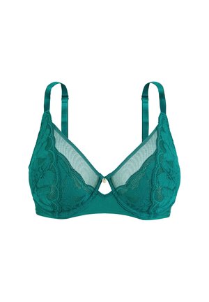 Soutien-gorge en dentelle bleu canard avec des détails en maille, bonnets avec armatures et bretelles en satin réglables. Il dispose d'une accent décoratif en forme de trou de serrure au centre.