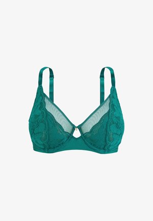 Teal kanten beha met mesh details, onderbroken cups en verstelbare satijnen bandjes. Heeft een decoratieve keyhole-accent in het midden.