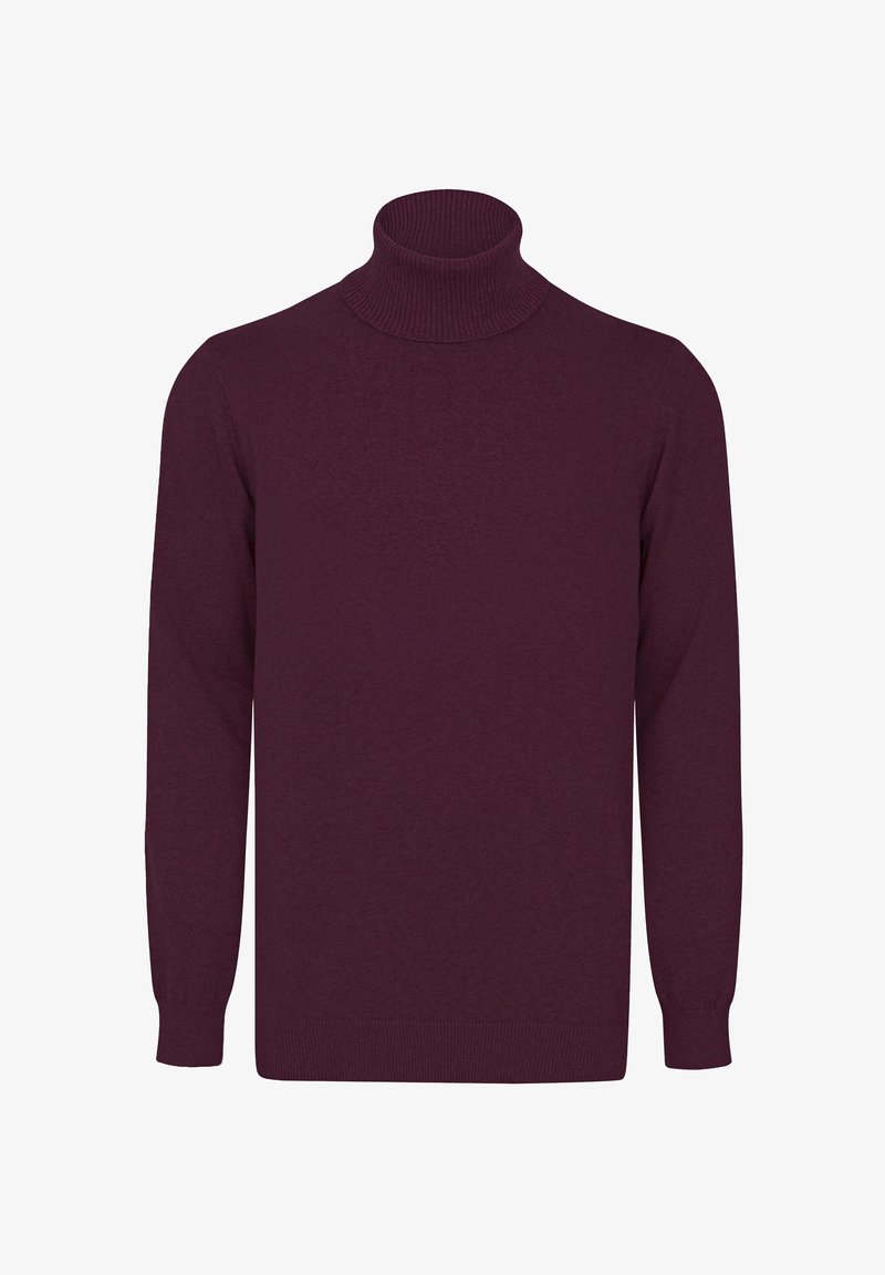 Burgundia värvi kõrge kaelusega sviiter, mis on valmistatud pehmest kangast, pikad varrukad, ribatega krae ja varrukate otsad ning ühtlane tekstuur.