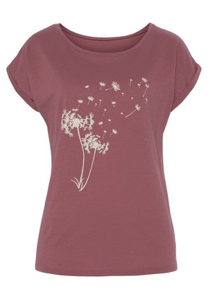 Chemise mauve à manches courtes avec un motif de pissenlit blanc montrant des graines emportées par le vent sur le devant.