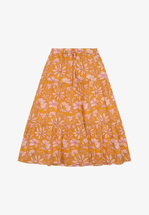 Gelaagde midirok met oranje achtergrond en roze bloemmotief, voorzien van een elastische tailleband met verstelbare trekkoord.
