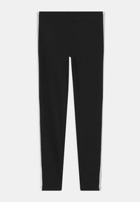 Black leggings with a fitted design, featuring a smooth texture and contrasting white side stripes. Seamless waistband for comfort.