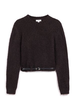 Pull court marron à manches longues, en tissu texturé, avec une ceinture noire à la taille, présentant un col rond et des poignets côtelés.