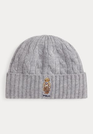 Gray knitted beanie with cable pattern and ribbed cuff. Features embroidered bear wearing a suit, with "Polo" text below the design.