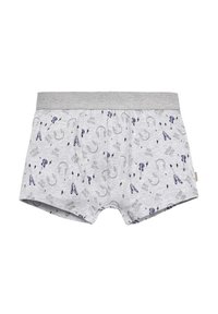 Boxers de algodón gris con un patrón impreso de iconos relacionados con la música, incluyendo guitarras, auriculares y rayos. Cintura elástica.