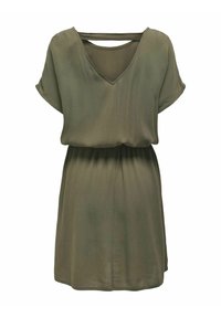 Olivegrünes Kleid aus leichtem Stoff mit V-Ausschnitt, kurzen Ärmeln und einem elastischen Taillenbund für eine bequeme Passform.