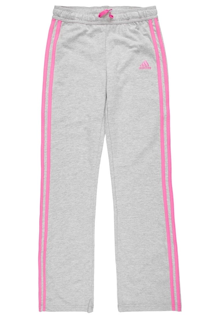 Šedé tepláky s růžovými bočními pruhy, s elastickým pasem a šňůrkou na stažení. Růžové logo Adidas v horním levém rohu.