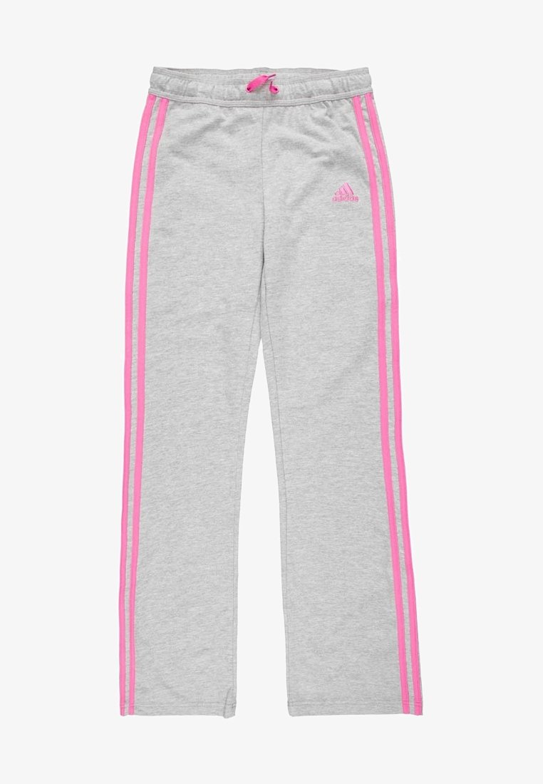 Šedé tepláky s růžovými bočními pruhy, s elastickým pasem a šňůrkou na stažení. Růžové logo Adidas v horním levém rohu.
