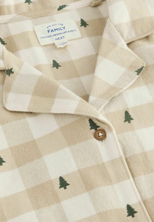 Beige og hvid ternet skjorte med grøn træ broderi. Knaplukning med en brun knap. Blød stofstruktur. Mærket synligt ved kraven.