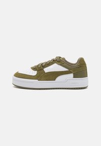 Olive green suede and white leather sneakers with a flat white rubber sole, round toe, and textured accents. Features brand logo on side.