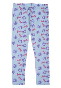 Leggings azzurri chiari con un motivo a ripetizione di silhouette viola e testo rosso con la parola "Barbie". Fascia elastica in vita per il massimo comfort.