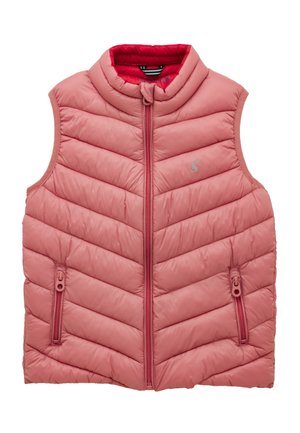 Pink quiltet ærmeløs vest med lynlås foran og lynlåslommer i siderne, med høj krave og chevron-stikmønster.